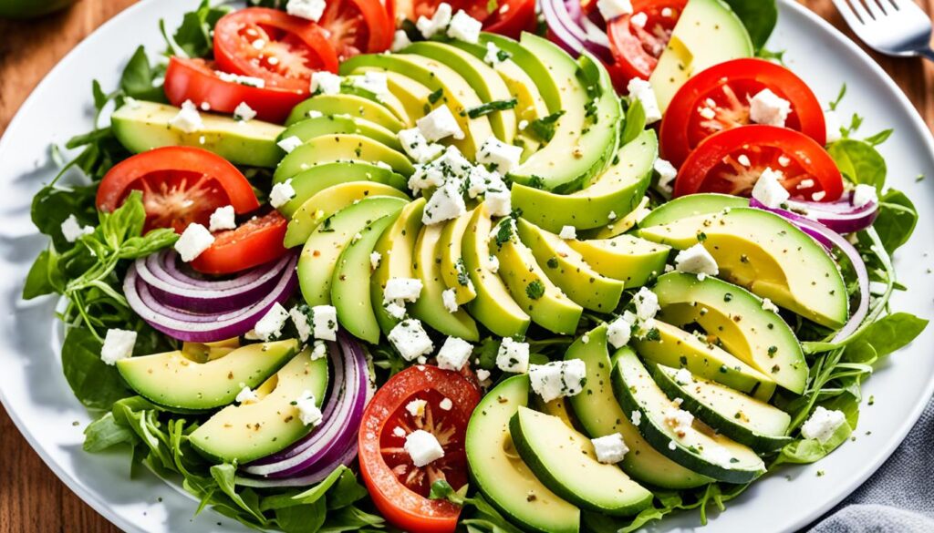 Avocado, tomato, and cucumber salad with feta cheese and red onions